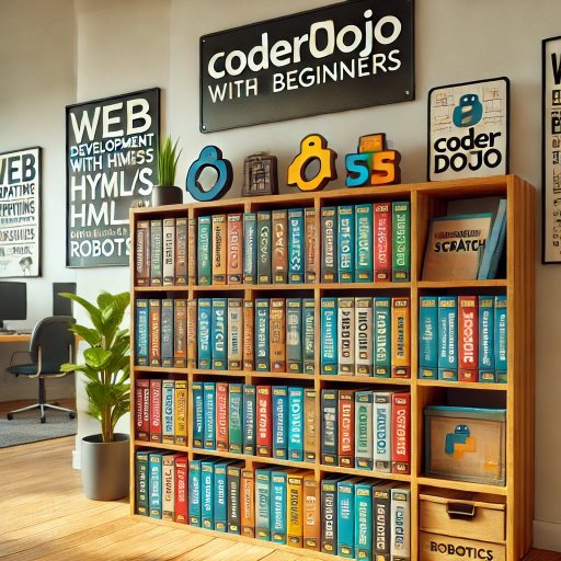 Dall-E: Create me a picture of a bookshelf filled with instructions for CoderDojo workshops.