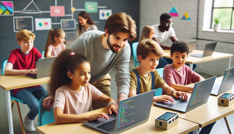 Dall-E: Create me a photo realistic image of a CoderDojo mentor supporting children to execute programming instructions. The mentor is bent over looking at the screen of the laptop of the child.
The child is sitting at a table with 3 other children on the other sides of the table.