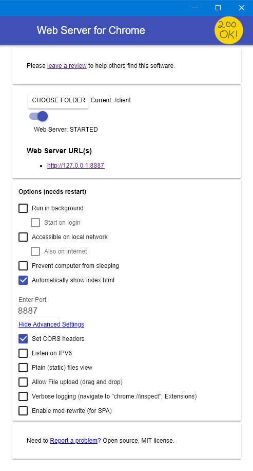 Chrome web server settings