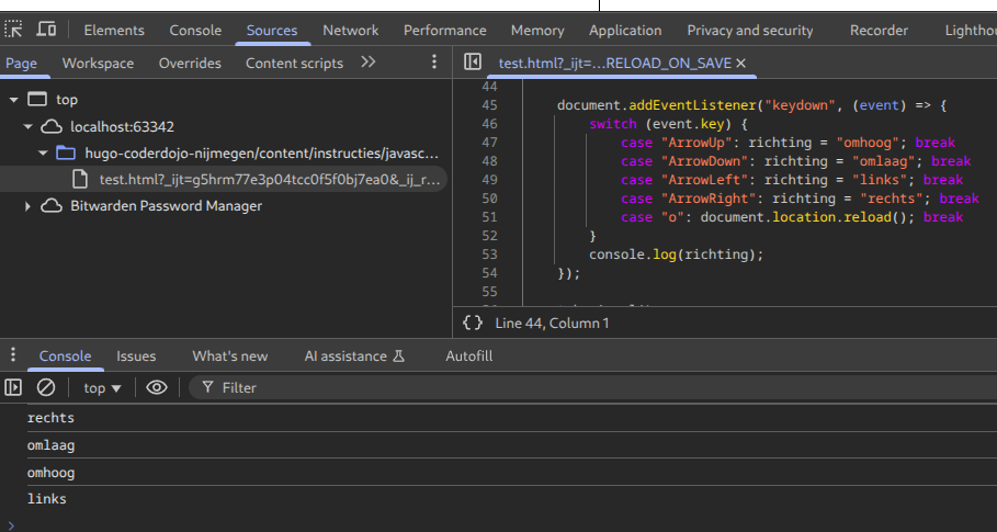 screenshot met console met gelogde richtingen